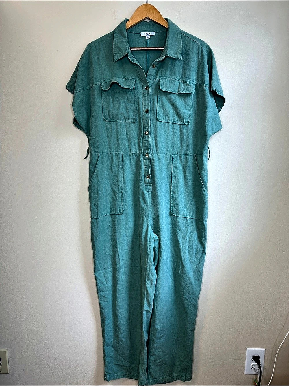 Pilgrim Short Sleeve Utility Jumpsuit in Teal Green Size Large
